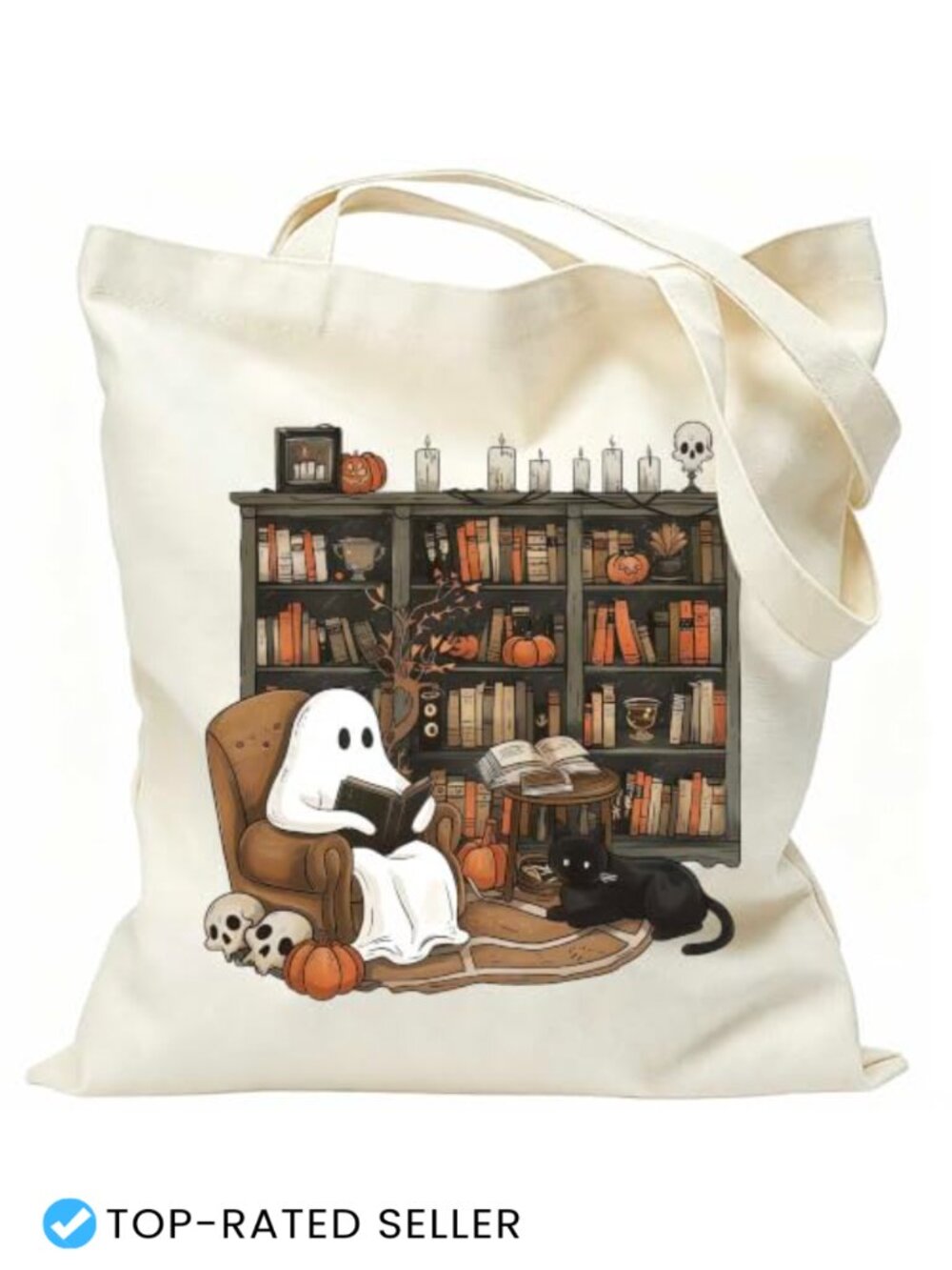 Spooky Book Lover Ghost Tote Bag Black Cat Pumpkin Skull